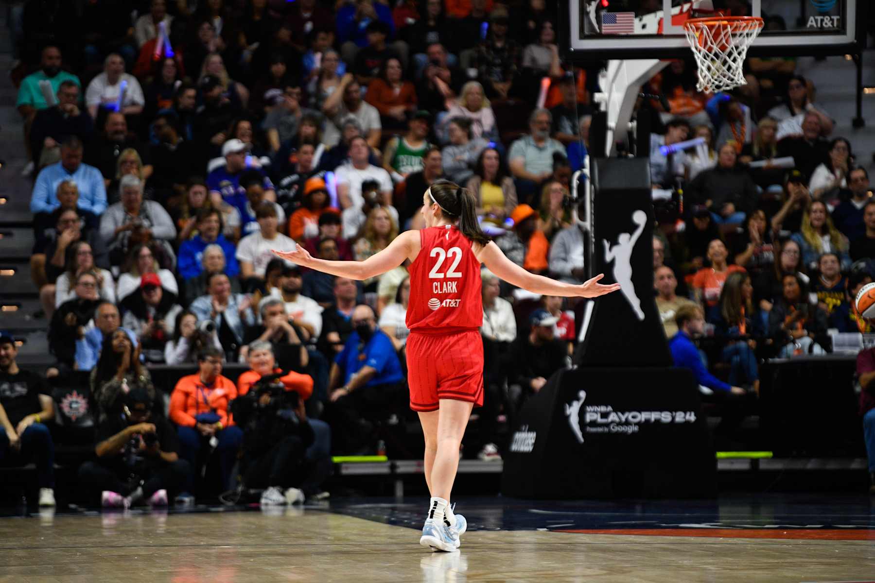 UNCASVILLE, CT - SEPTEMBER 25: Indiana Fever guard Caitlin Clark (22) reacts during Game 2 of the first round of the WNBA Playoffs between the Indiana Fever and the Connecticut Sun on September 25, 2024, at Mohegan Sun Arena in Uncasville, CT. (Photo by Erica Denhoff/Icon Sportswire via Getty Images)