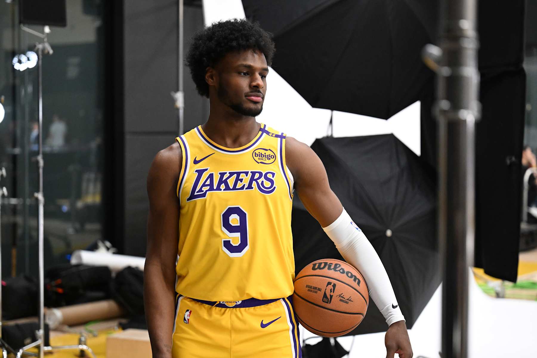 EL SEGUNDO, CA - SEPTEMBER 30: Bronny James #9 of the Los Angeles Lakers poses for a portrait during NBA Media Day on September 30, 2024 at UCLA Health Training Center in El Segundo, California. NOTE TO USER: User expressly acknowledges and agrees that, by downloading and or using this photograph, User is consenting to the terms and conditions of the Getty Images License Agreement. Mandatory Copyright Notice: Copyright 2024 NBAE (Photo by Adam Pantozzi/NBAE via Getty Images)