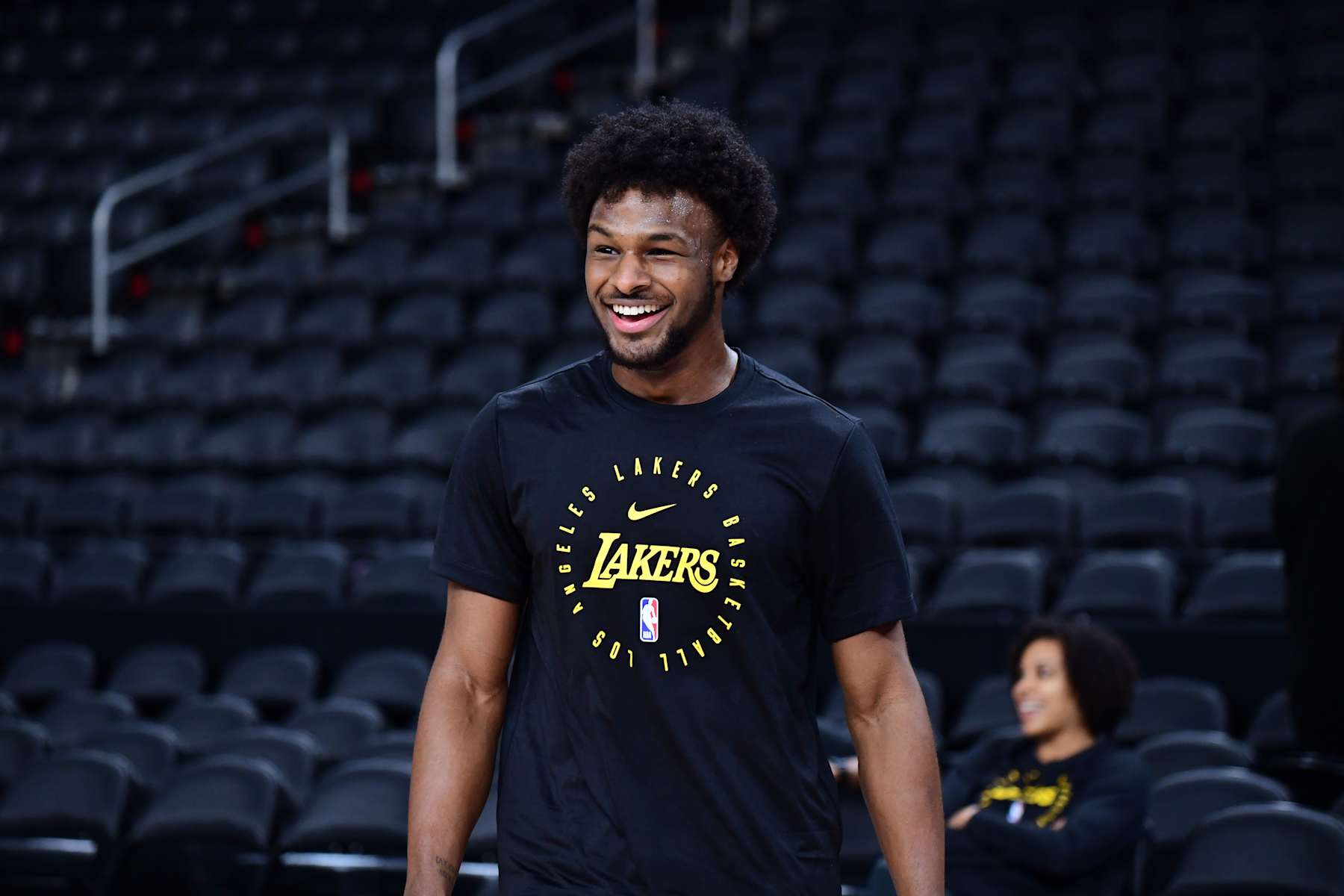 PALM SPRINGS, CA - OCTOBER 4: Bronny James #9 of the Los Angeles Lakers warms up before the game against the Minnesota Timberwolves during an NBA preseason game on October 4, 2024 at Acrisure Arena in Palm Springs, California. NOTE TO USER: User expressly acknowledges and agrees that, by downloading and/or using this Photograph, user is consenting to the terms and conditions of the Getty Images License Agreement. Mandatory Copyright Notice: Copyright 2024 NBAE (Photo by Adam Pantozzi/NBAE via Getty Images)