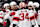 EDMONTON, CANADA - NOVEMBER 4: Nico Hischier #13, Timo Meier #28, Jake Allen #34, Brett Pesce #22 and Johnathan Kovacevic #8 of the New Jersey Devils celebrate a victory over the Edmonton Oilers after the game at Rogers Place on November 4, 2024, in Edmonton, Alberta, Canada. (Photo by Andy Devlin/NHLI via Getty Images)