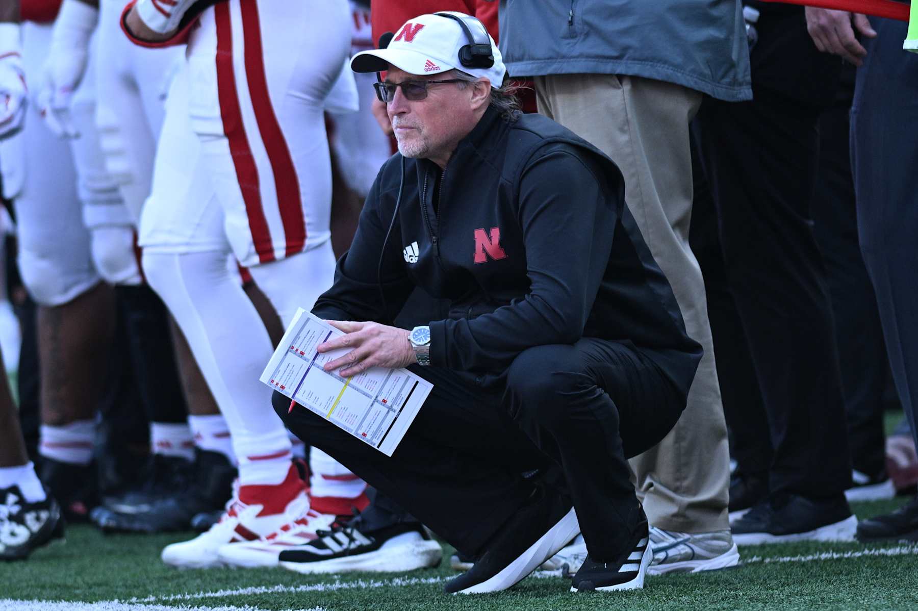 LINCOLN, NEBRASKA - NOVEMBER 23: Offensive coordinator Dana Holgorsen of the Nebraska Cornhuskers watches action against the Wisconsin Badgers at Memorial Stadium on November 23, 2024 in Lincoln, Nebraska.  (Photo by Steven Branscombe/Getty Images)