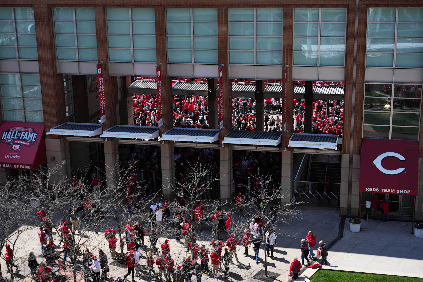 CINCINNATI, OH - MARCH 28: Overhead view of fans outside of Great American Ball Park prior to the game between the Washington Nationals and the Cincinnati Reds at Great American Ball Park on Thursday, March 28, 2024 in Cincinnati, Ohio. (Photo by Aaron Doster/MLB Photos via Getty Images)