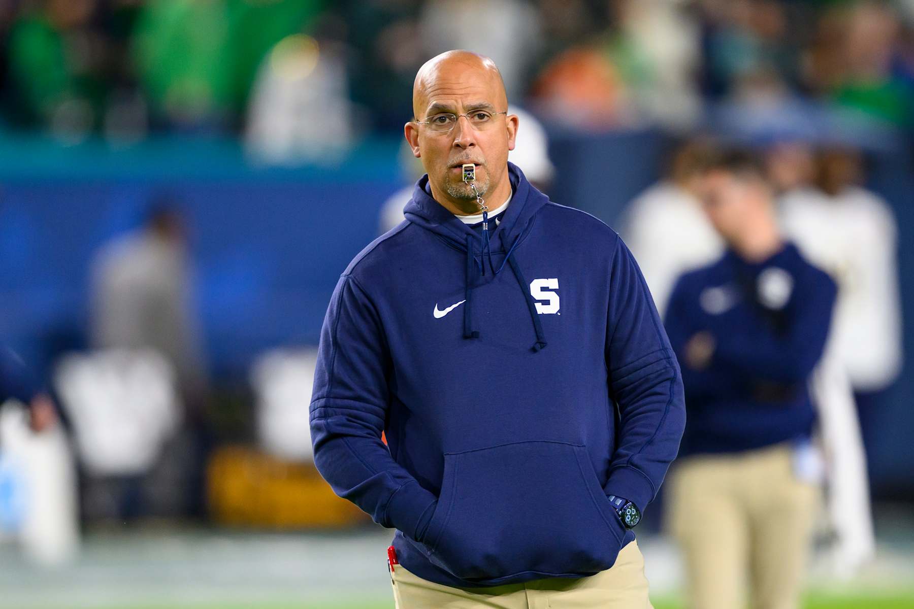 Football MIAMI GARDENS, FL - JANUARY 09: Head Coach James Franklin of the Penn State Nittany Lions blows his whistle on the field before the Penn State Nittany Lions versus Notre Dame Fighting Irish College Football Playoff Semifinal at the Capital One Orange Bowl on January 9, 2025, at Hard Rock Stadium in Miami Gardens, FL. (Photo by Doug Murray/Icon Sportswire via Getty Images)