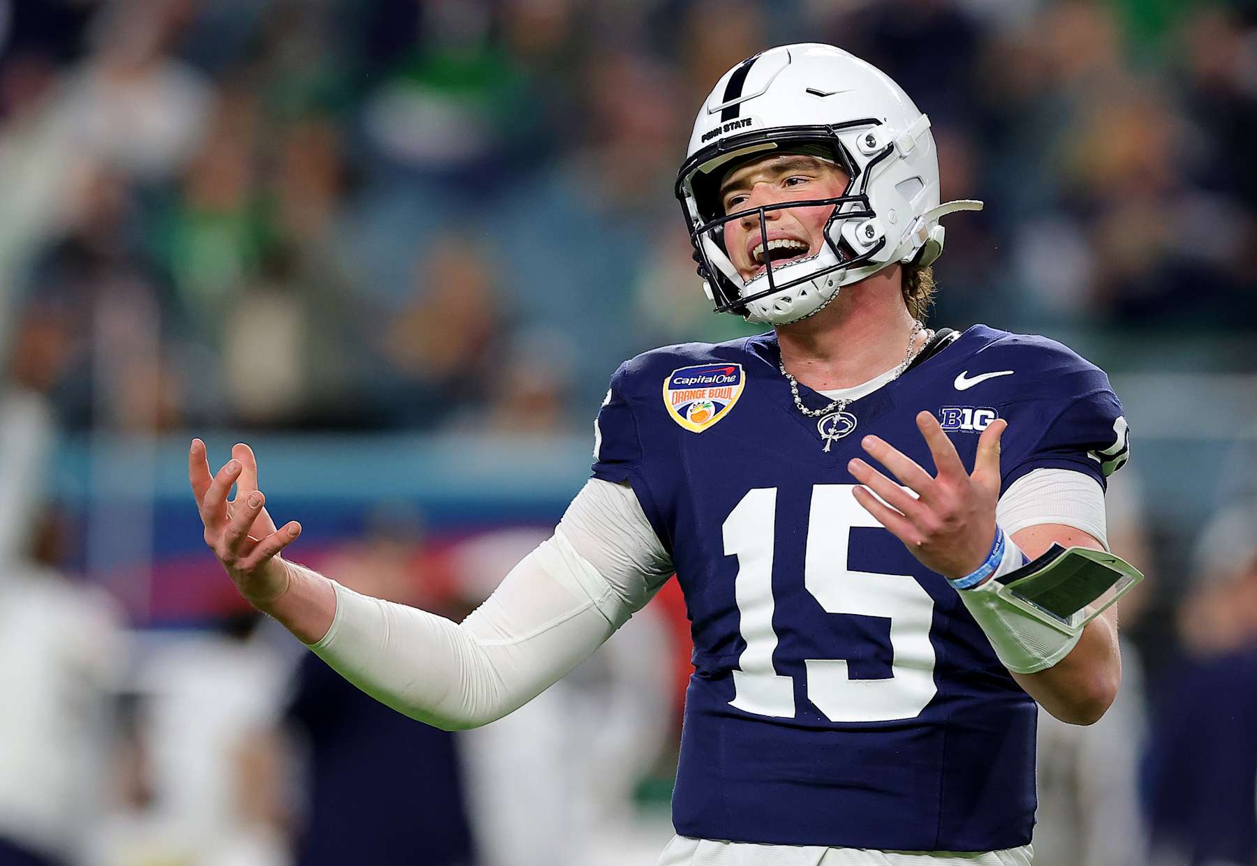 Football MIAMI GARDENS, FLORIDA - JANUARY 09: Drew Allar #15 of the Penn State Nittany Lions reacts during the first quarter against the Notre Dame Fighting Irish in the Capital One Orange Bowl at Hard Rock Stadium on January 09, 2025 in Miami Gardens, Florida. (Photo by Kevin C. Cox/Getty Images)