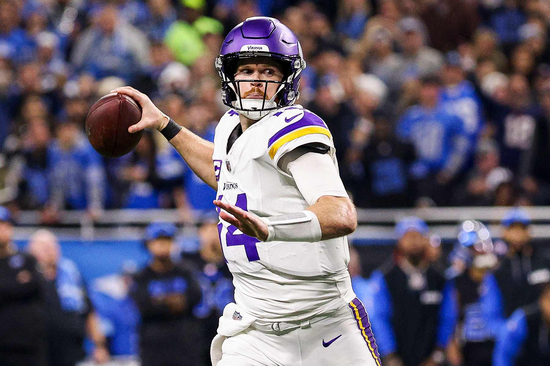 Football Football DETROIT, MICHIGAN - JANUARY 05: Sam Darnold #14 of the Minnesota Vikings throws a pass in the third quarter of a game against the Detroit Lions at Ford Field on January 05, 2025 in Detroit, Michigan. (Photo by Mike Mulholland/Getty Images)
