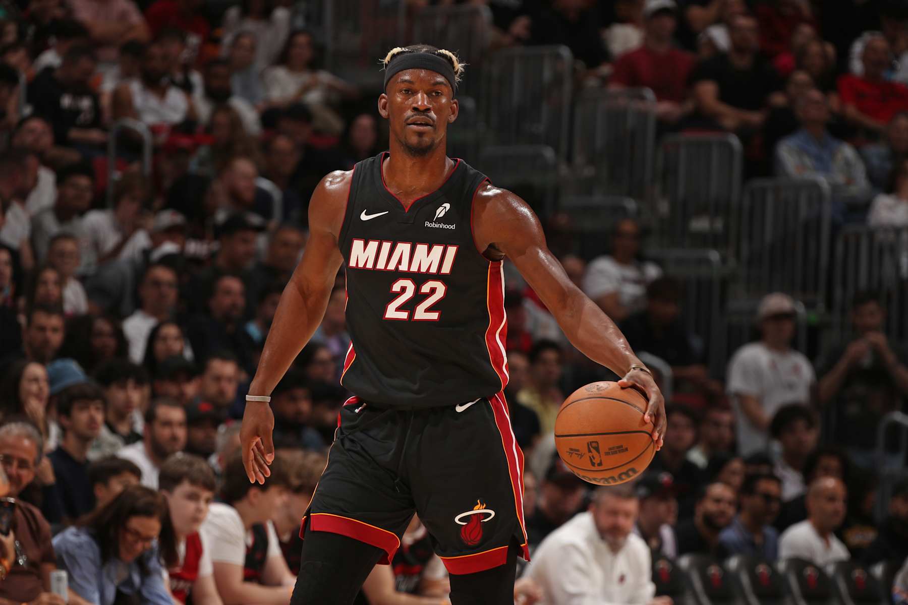 MIAMI, FL - JANUARY 19: Jimmy Butler #22 of the Miami Heat dribbles the ball during the game against the San Antonio Spurs on January 19, 2025 at Kaseya Center in Miami, Florida. NOTE TO USER: User expressly acknowledges and agrees that, by downloading and or using this Photograph, user is consenting to the terms and conditions of the Getty Images License Agreement. Mandatory Copyright Notice: Copyright 2025 NBAE (Photo by Issac Baldizon/NBAE via Getty Images)