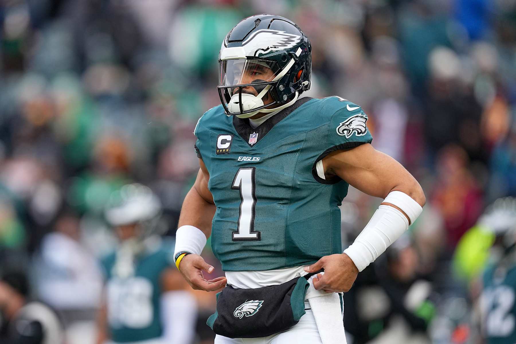 PHILADELPHIA, PENNSYLVANIA - JANUARY 26: Jalen Hurts #1 of the Philadelphia Eagles warms up for the NFC Championship game against the Washington Commanders at Lincoln Financial Field on January 26, 2025 in Philadelphia, Pennsylvania. (Photo by Mitchell Leff/Getty Images)