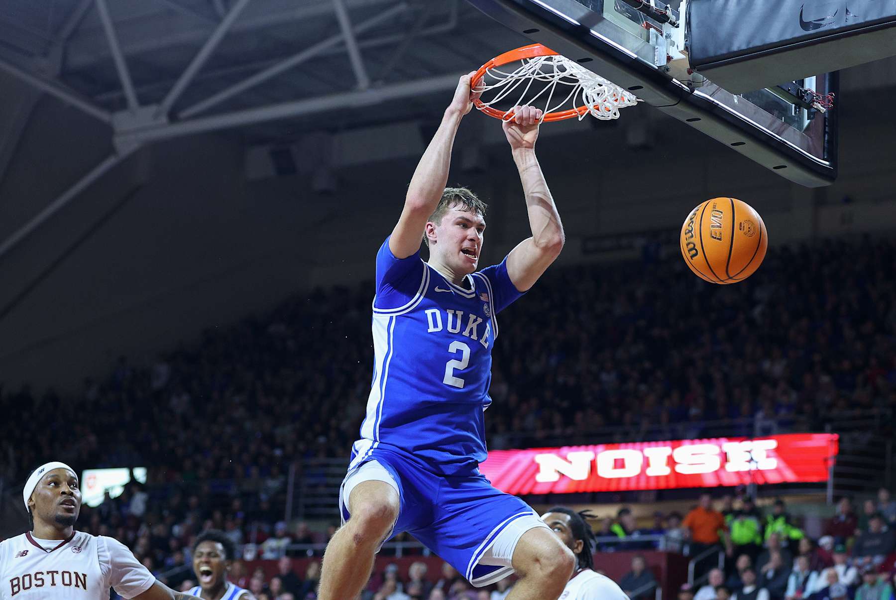 basketball basketball CHESTNUT HILL, MA - JANUARY 18: Duke Blue Devils guard Cooper Flagg (2) dunks the ball during the college basketball game between Duke Blue Devils and Boston College Eagles on January 18, 2025, at Conte Forum in Chestnut Hill, MA. (Photo by M. Anthony Nesmith/Icon Sportswire via Getty Images)
