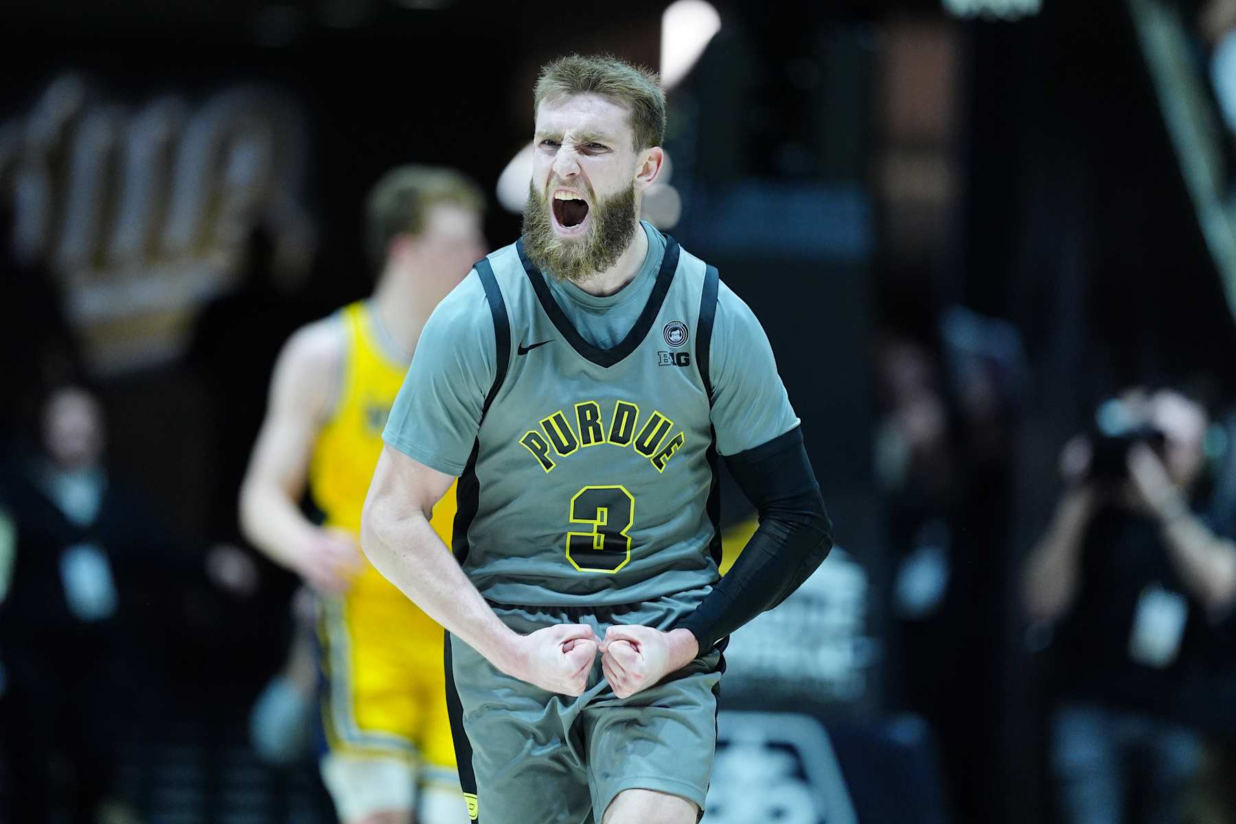 basketball basketball WEST LAFAYETTE, IN - JANUARY 24: Purdue Boilermakers guard Braden Smith (3) reacts after a play against the Michigan Wolverines on January 24, 2025, at Mackey Arena in West Lafayette, Indiana. (Photo by Brian Spurlock/Icon Sportswire via Getty Images)