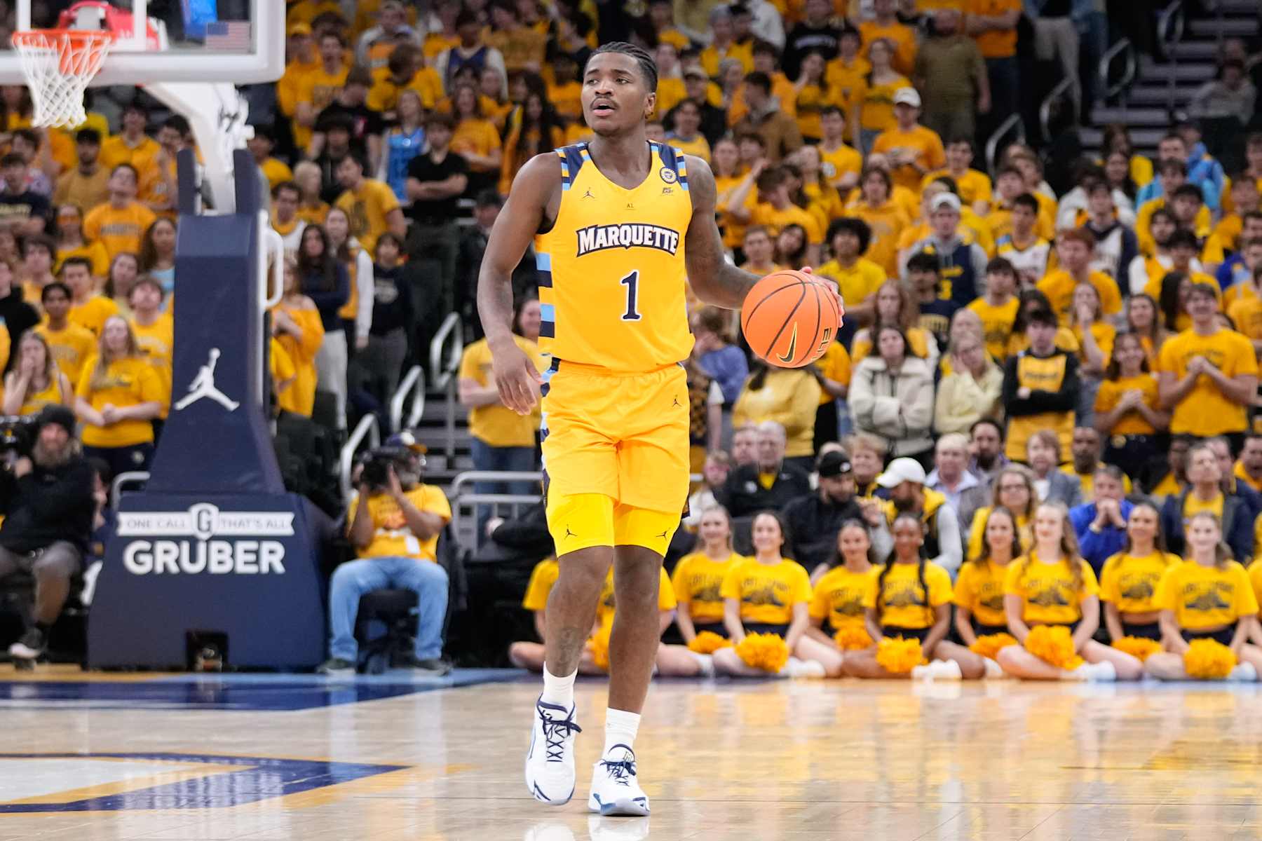 basketball basketball MILWAUKEE, WISCONSIN - JANUARY 24: Kam Jones #1 of the Marquette Golden Eagles handles the ball during the first half against the Villanova Wildcats at Fiserv Forum on January 24, 2025 in Milwaukee, Wisconsin. (Photo by Kayla Wolf/Getty Images)