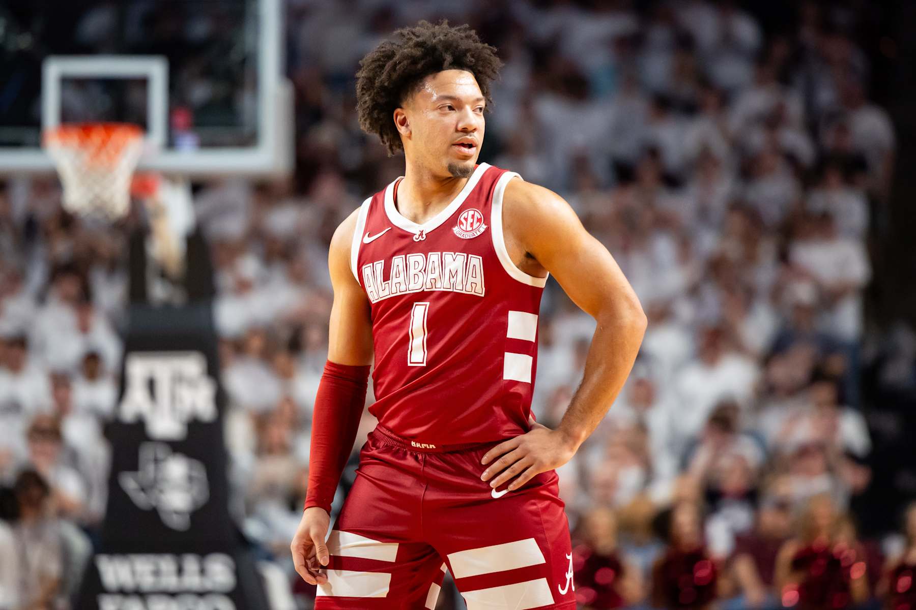 basketball basketball COLLEGE STATION, TEXAS - JANUARY 11: Mark Sears #1 of the Alabama Crimson Tide is pictured on the court during the first half of a game at Reed Arena on January 11, 2025 in College Station, Texas. (Photo by Joe Buvid/Getty Images)