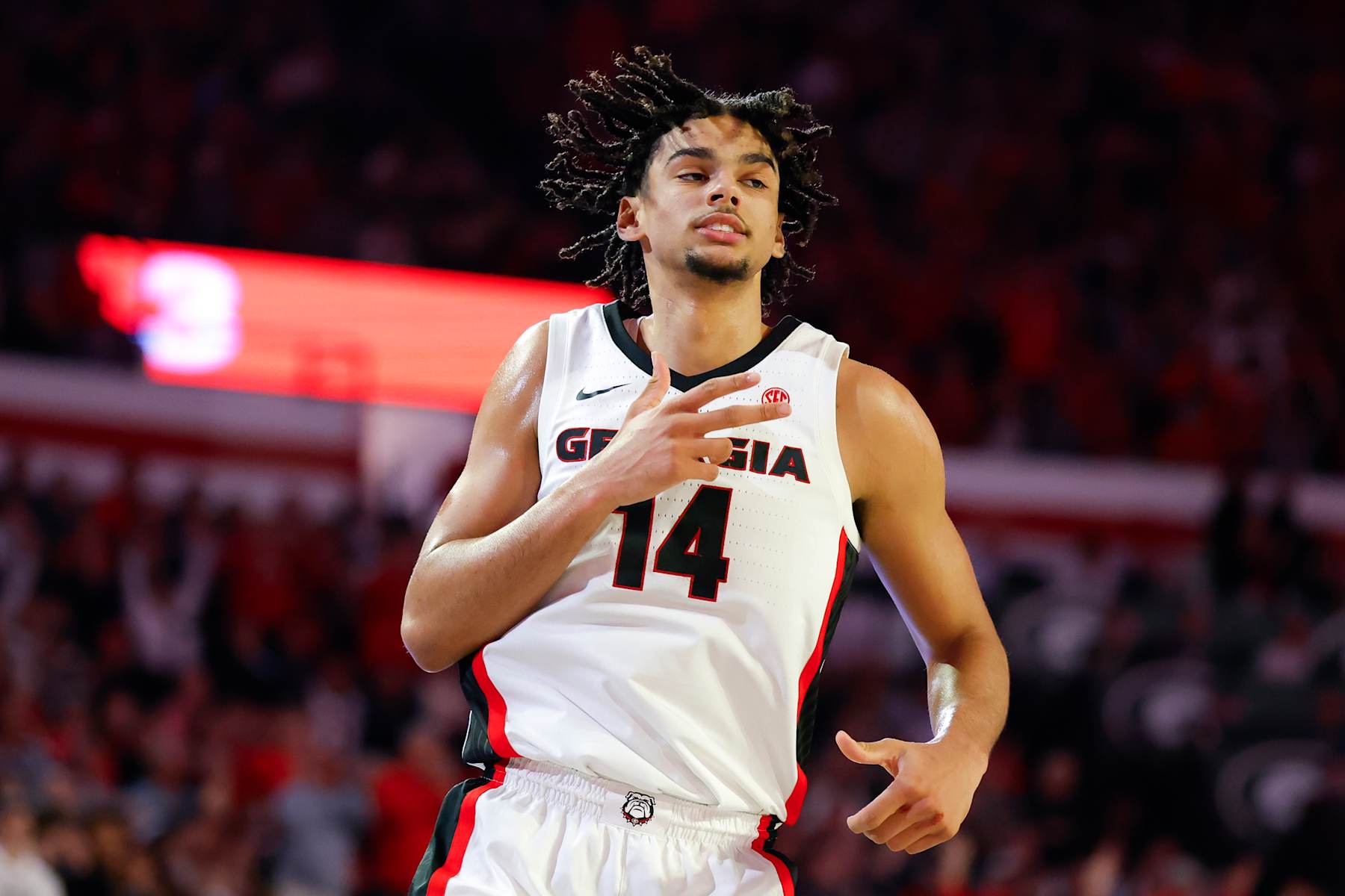basketball ATHENS, GEORGIA - JANUARY 18: Asa Newell #14 of the Georgia Bulldogs reacts during the first half against the Auburn Tigers at Stegeman Coliseum on January 18, 2025 in Athens, Georgia. (Photo by Todd Kirkland/Getty Images)