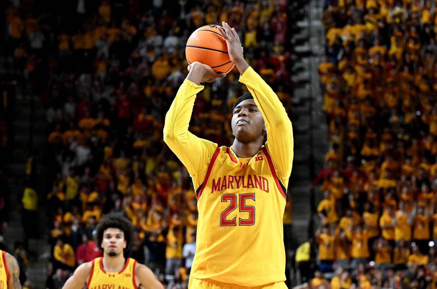 basketball COLLEGE PARK, MARYLAND - JANUARY 29: Derik Queen #25 of the Maryland Terrapins shoots a free throw against the Wisconsin Badgers at Xfinity Center on January 29, 2025 in College Park, Maryland. (Photo by G Fiume/Getty Images)