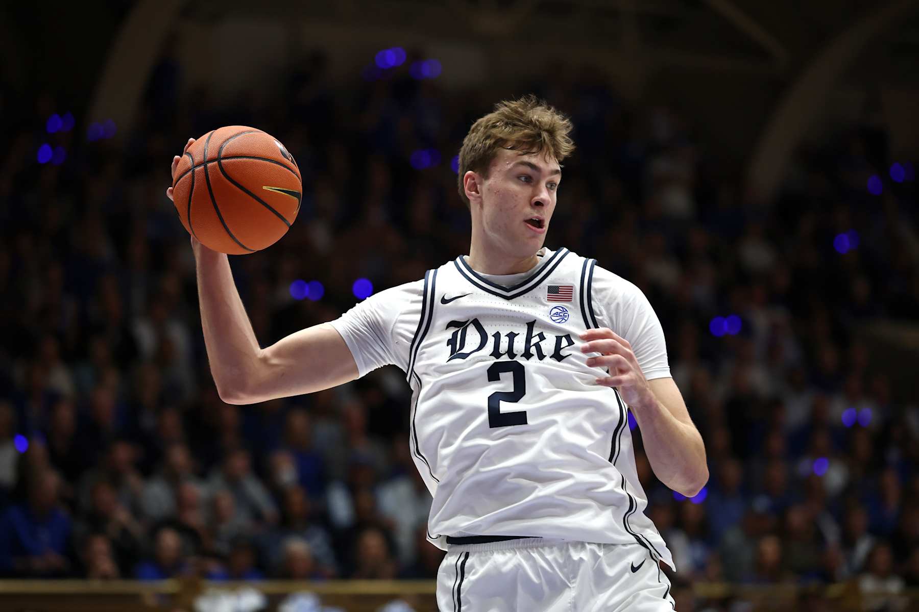 basketball DURHAM, NORTH CAROLINA - FEBRUARY 01: Cooper Flagg #2 of the Duke Blue Devils rebounds the ball during the first half of the game against the North Carolina Tar Heels at Cameron Indoor Stadium on February 01, 2025 in Durham, North Carolina. (Photo by Jared C. Tilton/Getty Images)