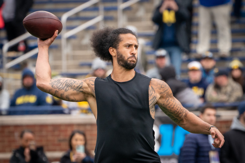 ANN ARBOR, MI - APRIL 02: Colin Kaepernick participates in a throwing exhibition during half time of the Michigan spring football game at Michigan Stadium on April 2, 2022 in Ann Arbor, Michigan.  (Photo by Jaime Crawford/Getty Images)