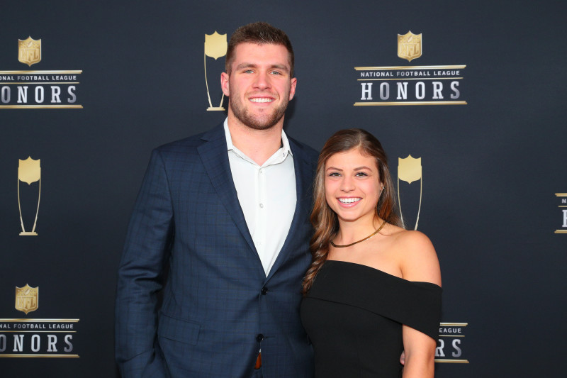 MINNEAPOLIS, MN - FEBRUARY 03:   TJ Watt and his girlfriend Dani Rhodes pose for Photographs on the Red Carpet at NFL Honors during Super Bowl LII week on February 3, 2018, at Northrop at the University of Minnesota in Minneapolis, MN.  (Photo by Rich Graessle/Icon Sportswire via Getty Images)