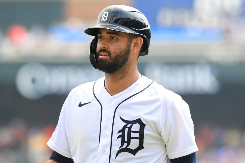 DETROIT, MI - AUGUST 05: Detroit Tigers CF Riley Greene (31) jogs off the  field between innings during game between Tampa Bay Rays and Detroit Tigers  on August 5, 2023 at Comerica