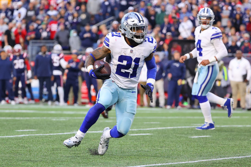 In this Aug. 9, 2018, file photo, Dallas Cowboys running back Ezekiel  Elliott (21) smiles as he …