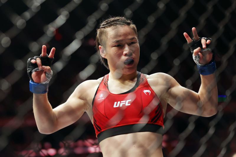 NEW YORK, NEW YORK - NOVEMBER 12:  Weili Zhang celebrates after defeating Carla Esparza to win their Women Strawweight fight UFC 281 at Madison Square Garden on November 12, 2022 in New York City. (Photo by Jamie Squire/Getty Images)