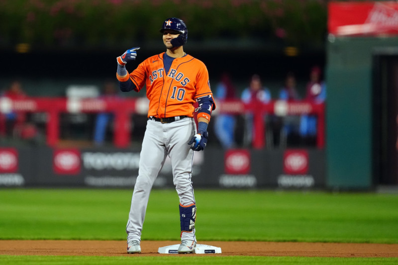 Yuli Gurriel of the Houston Astros celebrates after hitting a