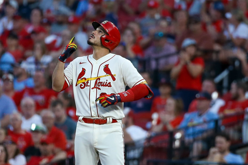 St. Louis Cardinals Nolan Arenado looks skywards after touching