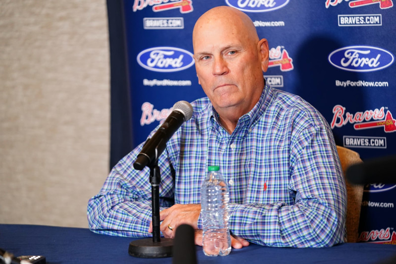 SAN DIEGO, CA - DECEMBER 06: Manager Brian Snitker #43 of the Atlanta Braves speaks to the media during the Manager Media Availabilities at Manchester Grand Hyatt on Tuesday, December 6, 2022 in San Diego, California. (Photo by Daniel Shirey/MLB Photos via Getty Images)