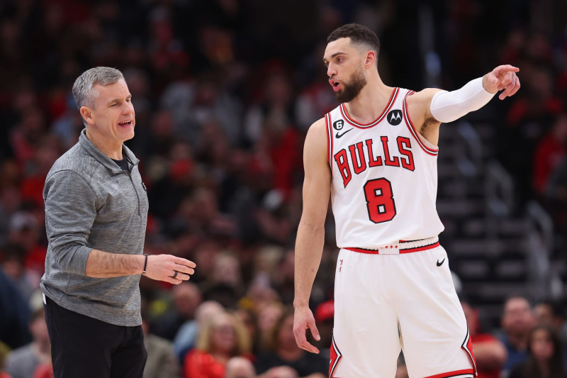 CHICAGO, ILLINOIS - FEBRUARY 04: Head coach Billy Donovan of the Chicago Bulls talks with Zach LaVine #8 against the Portland Trail Blazers during the second half at United Center on February 04, 2023 in Chicago, Illinois. NOTE TO USER: User expressly acknowledges and agrees that, by downloading and or using this photograph, User is consenting to the terms and conditions of the Getty Images License Agreement.  (Photo by Michael Reaves/Getty Images)