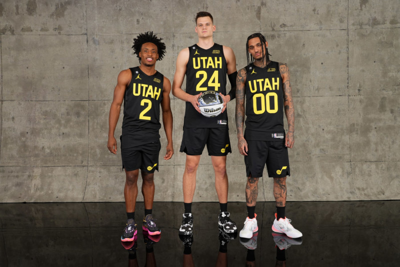 SALT LAKE CITY, UT - FEBRUARY 18: Colin Sexton #2, Walker Kessler #24 and Jordan Clarkson #00 of the Utah Jazz pose for a portrait before the Kia Skills Challenge as part of 2023 NBA All Star Weekend on Saturday, February 18, 2023 at Vivint Arena in Salt Lake City, Utah. NOTE TO USER: User expressly acknowledges and agrees that, by downloading and/or using this Photograph, user is consenting to the terms and conditions of the Getty Images License Agreement. Mandatory Copyright Notice: Copyright 2023 NBAE (Photo by Jesse D. Garrabrant/NBAE via Getty Images)