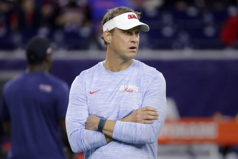 Mississippi head coach Lane Kiffin before the start of the 2022 TaxAct Texas Bowl football game against Texas Tech Wednesday Dec. 28, 2022, in Houston. (AP Photo/Michael Wyke)