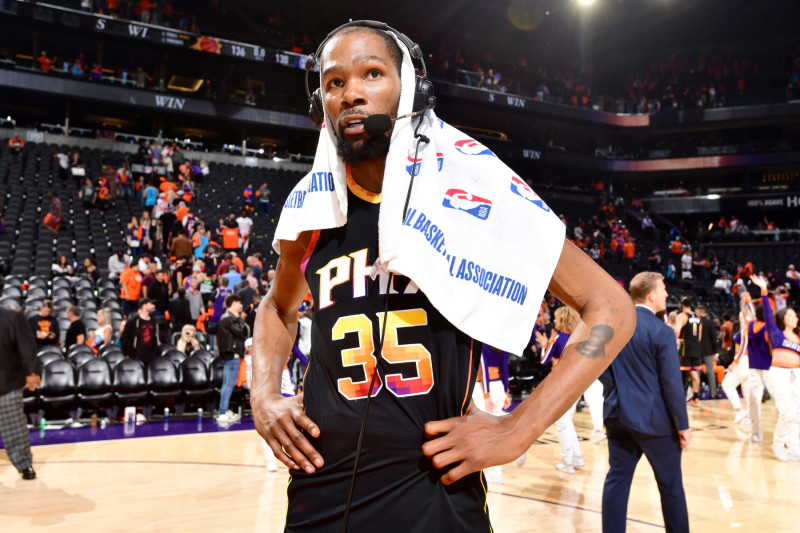 PHOENIX, AZ - APRIL 25: Kevin Durant #35 of the Phoenix Suns is interviewed after the game against the LA Clippers during Round 1 Game 5 of the 2023 NBA Playoffs on April 25, 2023 at Footprint Center in Phoenix, Arizona. NOTE TO USER: User expressly acknowledges and agrees that, by downloading and or using this photograph, user is consenting to the terms and conditions of the Getty Images License Agreement. Mandatory Copyright Notice: Copyright 2023 NBAE (Photo by Barry Gossage/NBAE via Getty Images)