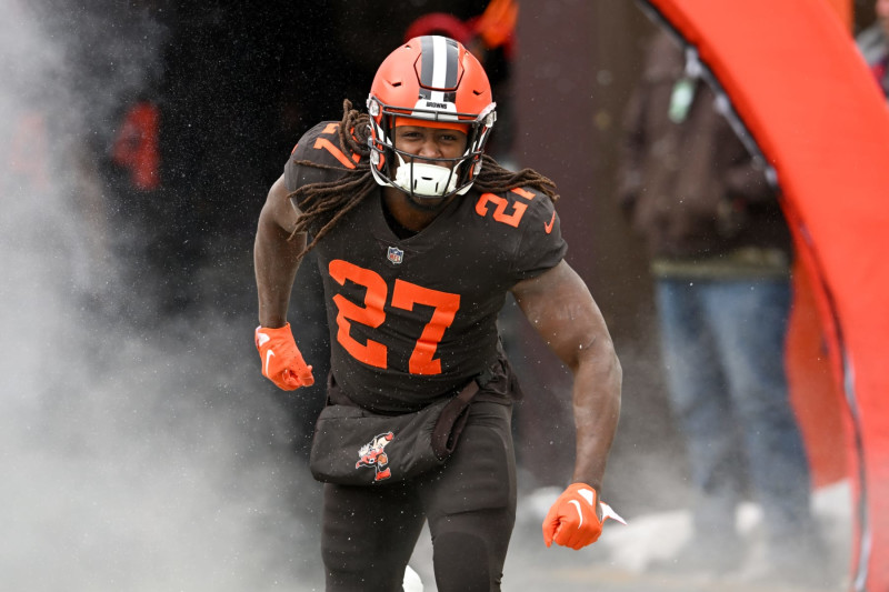 CLEVELAND, OHIO - DECEMBER 24: Kareem Hunt #27 of the Cleveland Browns runs onto the field prior to a game against the New Orleans Saints at FirstEnergy Stadium on December 24, 2022 in Cleveland, Ohio. (Photo by Nick Cammett/Diamond Images via Getty Images)