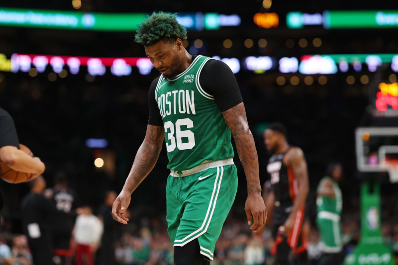 BOSTON, MASSACHUSETTS - MAY 29: Marcus Smart #36 of the Boston Celtics reacts during the second quarter against the Miami Heat in game seven of the Eastern Conference Finals at TD Garden on May 29, 2023 in Boston, Massachusetts. NOTE TO USER: User expressly acknowledges and agrees that, by downloading and or using this photograph, User is consenting to the terms and conditions of the Getty Images License Agreement. (Photo by Maddie Meyer/Getty Images)