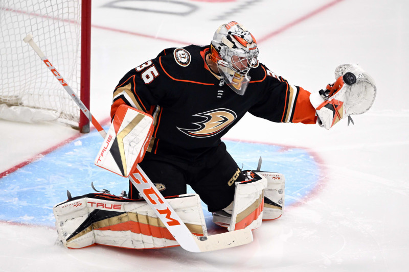 ANAHEIM, CA - APRIL 13: Anaheim Ducks goalie John Gibson (36) catches the puck during an NHL hockey game against the Los Angeles Kings played on April 13, 2023 at the Honda Center in Anaheim, CA. (Photo by John Cordes/Icon Sportswire via Getty Images)