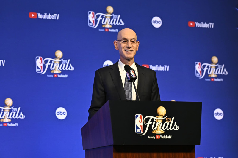 DENVER, CO - JUNE 1: NBA Commissioner Adam Silver addresses the media prior to Game One of the 2023 NBA Finals on June 1, 2023 at the Ball Arena in Denver, Colorado. NOTE TO USER: User expressly acknowledges and agrees that, by downloading and/or using this Photograph, user is consenting to the terms and conditions of the Getty Images License Agreement. Mandatory Copyright Notice: Copyright 2023 NBAE (Photo by David Dow/NBAE via Getty Images)
