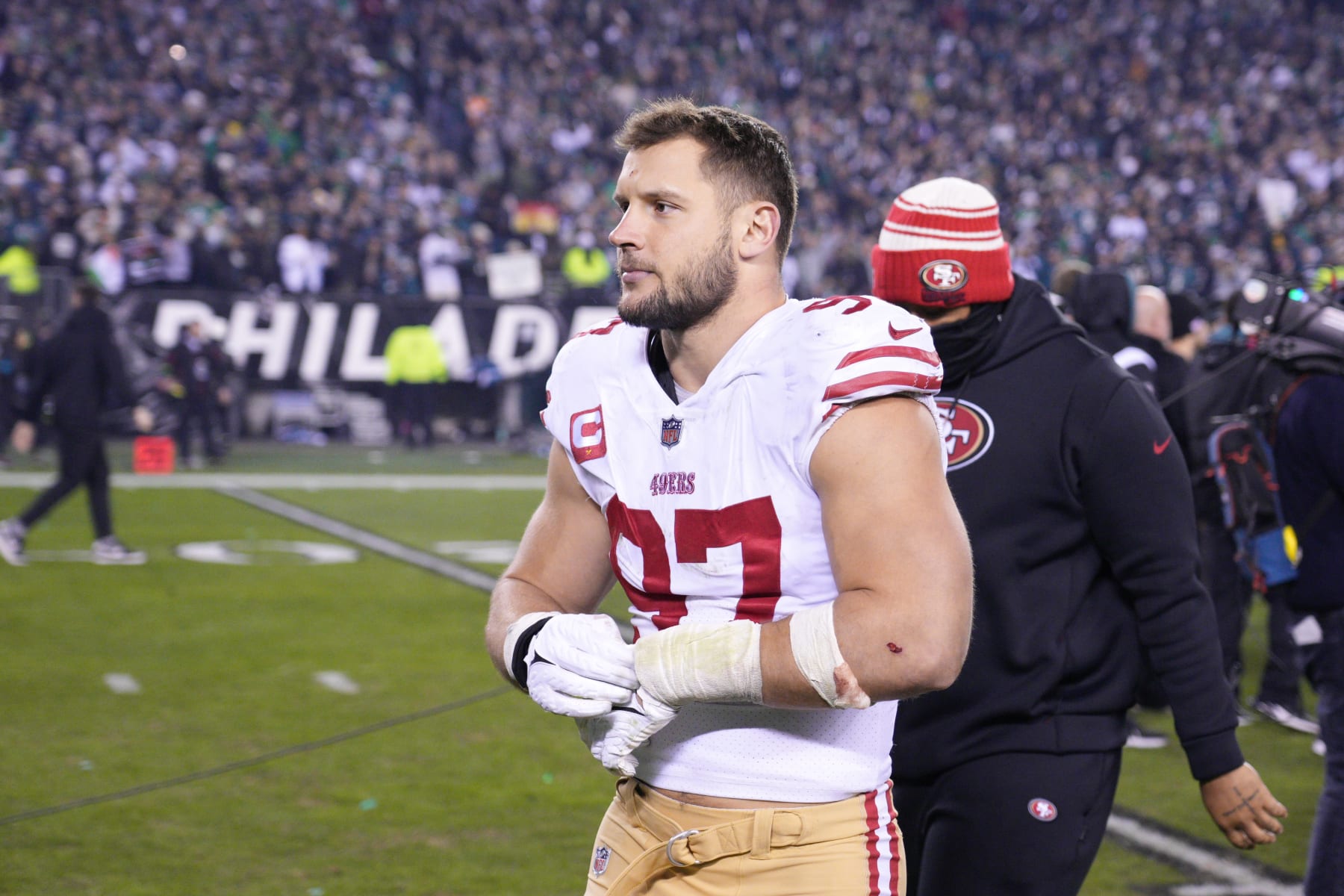 PHILADELPHIA, PA - JANUARY 29: San Francisco 49ers defensive end Nick Bosa (97) looks on during the Championship game between the San Fransisco 49ers and the Philadelphia Eagles on January 29, 2023. (Photo by Andy Lewis/Icon Sportswire via Getty Images)
