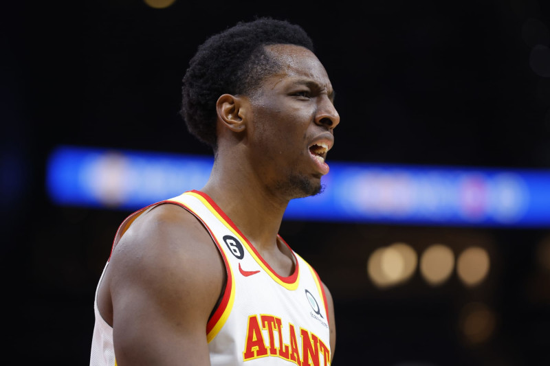 ATLANTA, GA - MARCH 26: Onyeka Okongwu #17 of the Atlanta Hawks reacts during the second half against the Memphis Grizzlies at State Farm Arena on March 26, 2023 in Atlanta, Georgia. NOTE TO USER: User expressly acknowledges and agrees that, by downloading and or using this photograph, User is consenting to the terms and conditions of the Getty Images License Agreement. (Photo by Todd Kirkland/Getty Images)