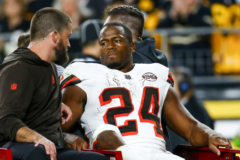 PITTSBURGH, PENNSYLVANIA - SEPTEMBER 18:  Nick Chubb #24 of the Cleveland Browns is carted off the field after sustaining a knee injury during the second quarter against the Pittsburgh Steelers at Acrisure Stadium on September 18, 2023 in Pittsburgh, Pennsylvania. (Photo by Justin K. Aller/Getty Images)