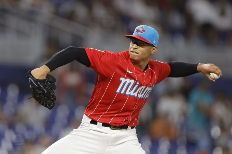 MIAMI, FL - MARCH 31: Miami Marlins starting pitcher Jesus Luzardo (44)  makes the start for the Marlins during the game between the New York Mets  and the Miami Marlins on Friday