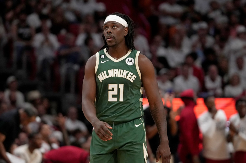 MIAMI, FL - APRIL 22: Jrue Holiday #21 of the Milwaukee Bucks looks on during the game during Round One Game Three of the 2023 NBA Playoffs on April 22, 2023 at Kaseya Center in Miami, Florida. NOTE TO USER: User expressly acknowledges and agrees that, by downloading and or using this Photograph, user is consenting to the terms and conditions of the Getty Images License Agreement. Mandatory Copyright Notice: Copyright 2023 NBAE (Photo by Eric Espada/NBAE via Getty Images)