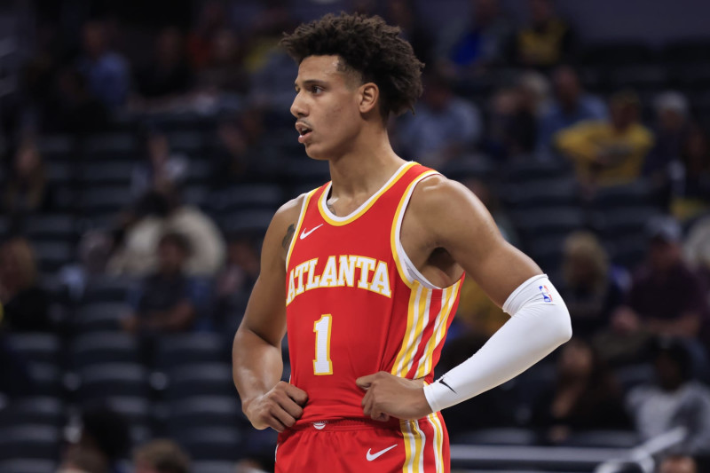 INDIANAPOLIS, INDIANA - OCTOBER 16: Jalen Johnson #1 of the Atlanta Hawks looks on in the game against the Indiana Pacers at Gainbridge Fieldhouse on October 16, 2023 in Indianapolis, Indiana. NOTE TO USER: User expressly acknowledges and agrees that, by downloading and or using this photograph, User is consenting to the terms and conditions of the Getty Images License Agreement. (Photo by Justin Casterline/Getty Images)