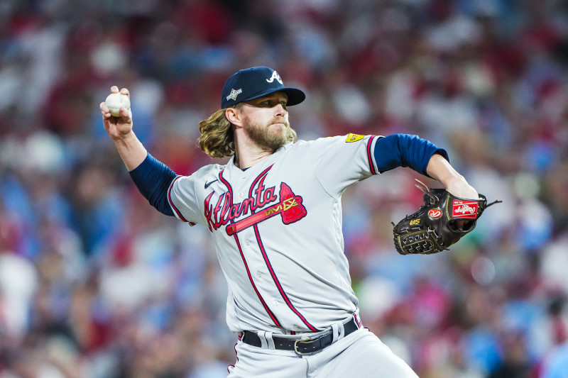 PHILADELPHIA, PENNSYLVANIA - OCTOBER 12:  Pierce Johnson #38 of the Atlanta Braves pitches against the Philadelphia Phillies during the eighth inning in Game Four of the Division Series at Citizens Bank Park on October 12, 2023 in Philadelphia, Pennsylvania. (Photo by Kevin D. Liles/Atlanta Braves/Getty Images)