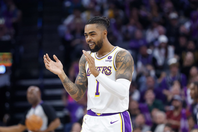 SACRAMENTO, CALIFORNIA - OCTOBER 29: D'Angelo Russell #1 of the Los Angeles Lakers reacts after a play in the third quarter against the Sacramento Kings at Golden 1 Center on October 29, 2023 in Sacramento, California. NOTE TO USER: User expressly acknowledges and agrees that, by downloading and or using this photograph, User is consenting to the terms and conditions of the Getty Images License Agreement. (Photo by Lachlan Cunningham/Getty Images)