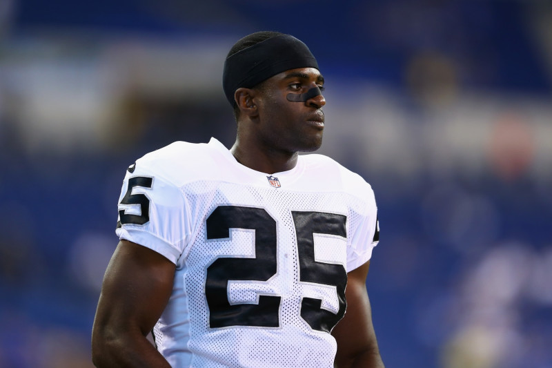 INDIANAPOLIS, IN - SEPTEMBER 08:  D J Hayden #25 of the Oakland Raiders warms up before the NFL game against the Indianapolis Colts at Lucas Oil Stadium on September 8, 2013 in Indianapolis, Indiana.  (Photo by Andy Lyons/Getty Images)