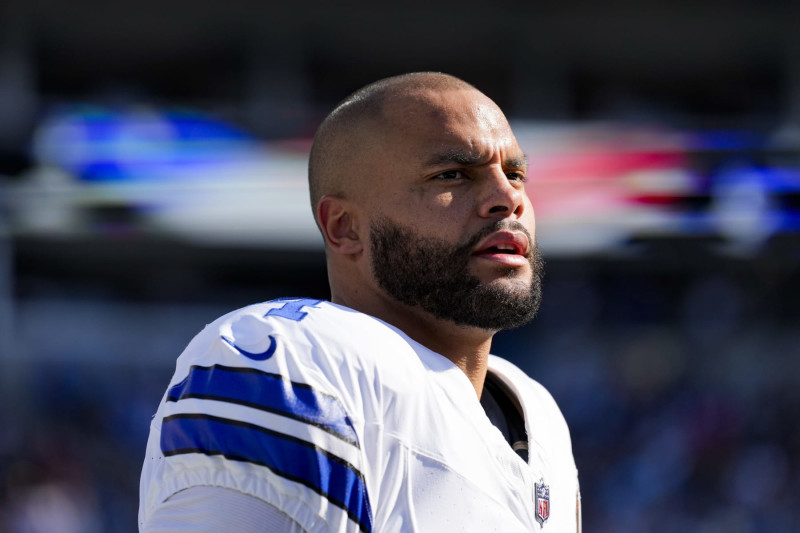 CHARLOTTE, NORTH CAROLINA - NOVEMBER 19: Dak Prescott #4 of the Dallas Cowboys looks on prior to an NFL football game against the Carolina Panthers at Bank of America Stadium on November 19, 2023 in Charlotte, North Carolina. (Kara Durrette/Getty Images)