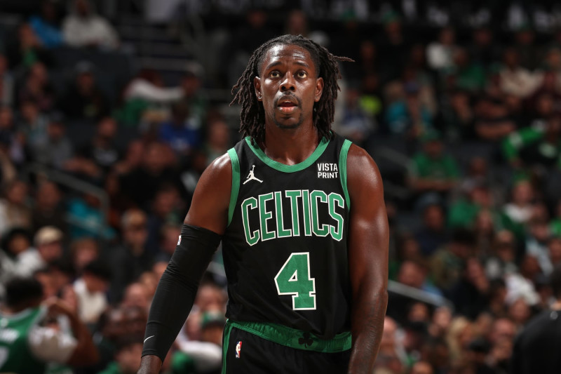 CHARLOTTE, NC - NOVEMBER 20: Jrue Holiday #4 of the Boston Celtics looks on during the game against the Charlotte Hornets on November 20, 2023 at Spectrum Center in Charlotte, North Carolina. NOTE TO USER: User expressly acknowledges and agrees that, by downloading and or using this photograph, User is consenting to the terms and conditions of the Getty Images License Agreement. Mandatory Copyright Notice: Copyright 2023 NBAE (Photo by Kent Smith/NBAE via Getty Images)