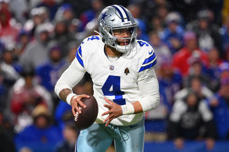 ORCHARD PARK, NEW YORK - DECEMBER 17: Dak Prescott #4 of the Dallas Cowboys attempts a pass during the third quarter against the Buffalo Bills at Highmark Stadium on December 17, 2023 in Orchard Park, New York. (Photo by Rich Barnes/Getty Images)