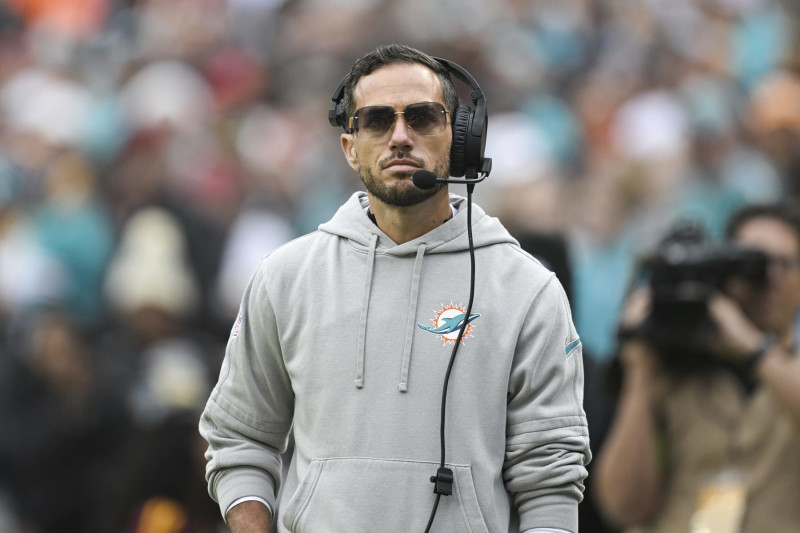 Miami Dolphins head coach Mike McDaniel looks on during the first half of an NFL football game against the Washington Commanders, Sunday, Dec. 2, 2023, in Landover, Md. (AP Photo/Terrance Williams)