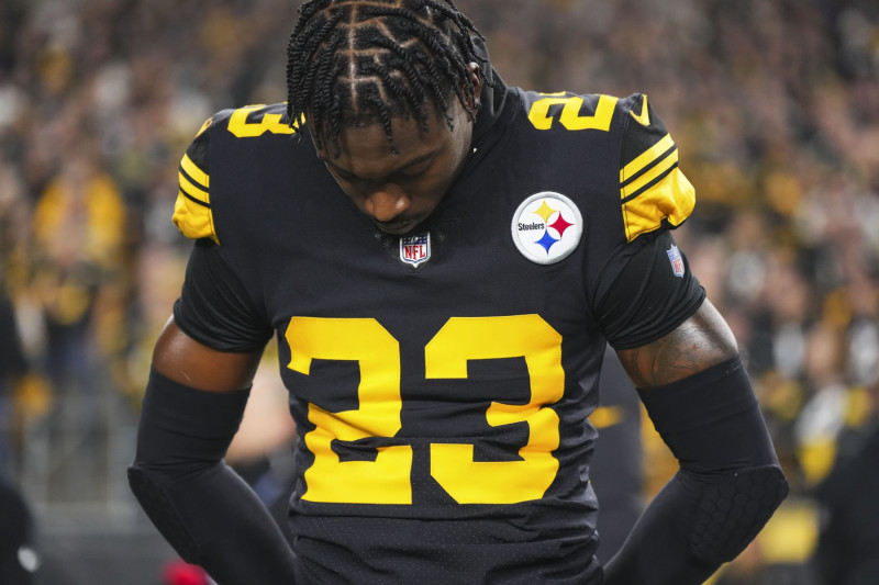 PITTSBURGH, PA - DECEMBER 07: Damontae Kazee #23 of the Pittsburgh Steelers looks on from the sideline prior to an NFL football game against the New England Patriots at Acrisure Stadium on December 7, 2023 in Pittsburgh, Pennsylvania. (Photo by Cooper Neill/Getty Images)