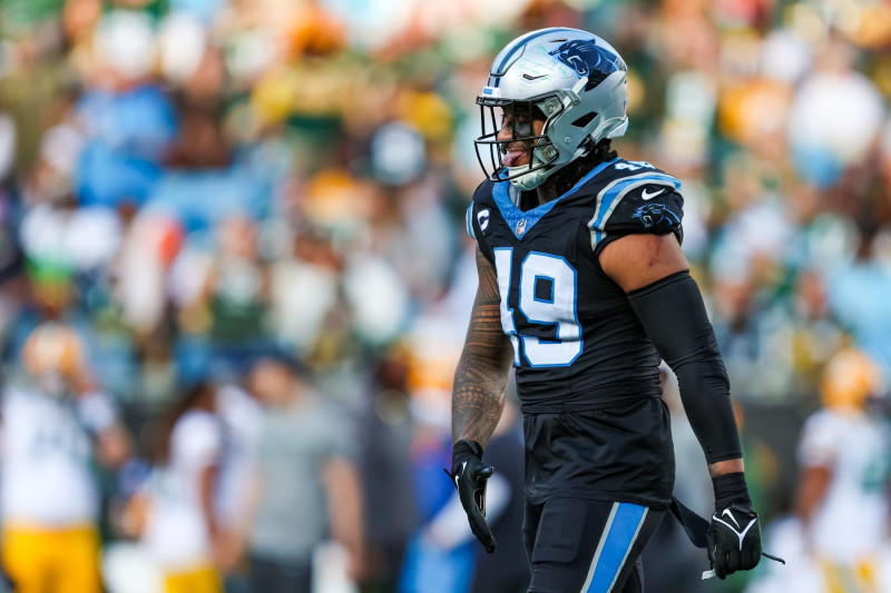 CHARLOTTE, NC - DECEMBER 24: Frankie Luvu #49 of the Carolina Panthers reacts after a play during an NFL game against the Green Bay Packers at Bank of America Stadium on December 24, 2023 in Charlotte, NC. (Photo by David Jensen/Icon Sportswire via Getty Images)