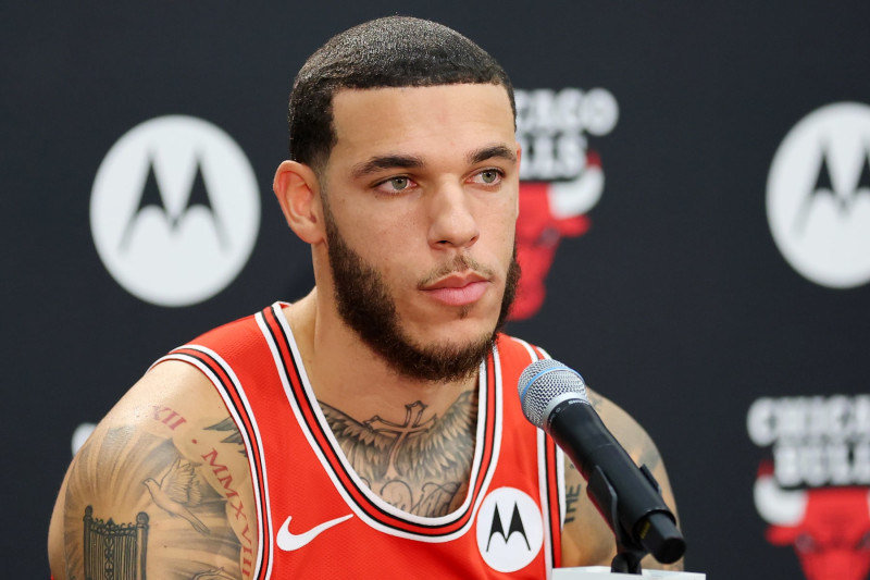 CHICAGO, ILLINOIS - OCTOBER 02: Lonzo Ball #2 of the Chicago Bulls answers questions from reporters during Media Day at Advocate Center on October 02, 2023 in Chicago, Illinois. (Photo by Michael Reaves/Getty Images)